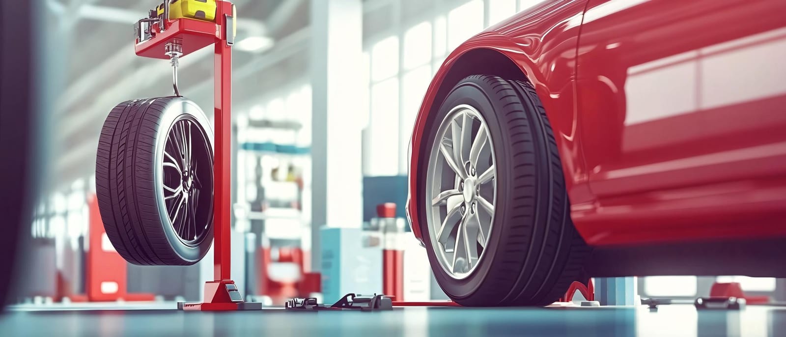 Um carro vermelho erguido em uma borracharia ao lado de um estepe sobre um suporte.