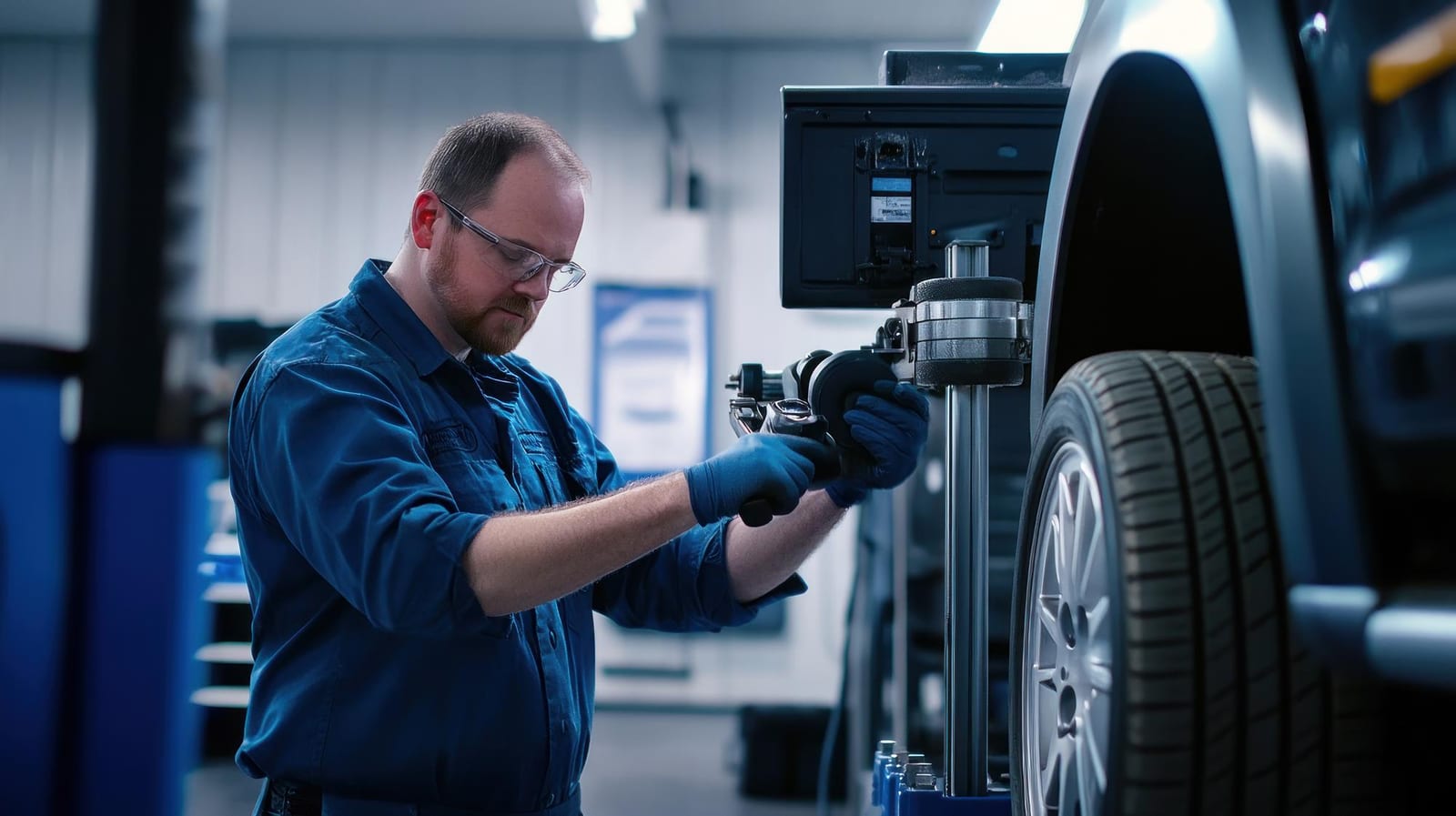 Um técnico ajusta o equipamento de alinhamento de rodas ao lado de uma roda de carro na oficina.